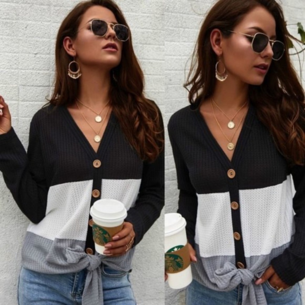 Cozy Button up Waffle Front Tie Top - Picture 3 of 9